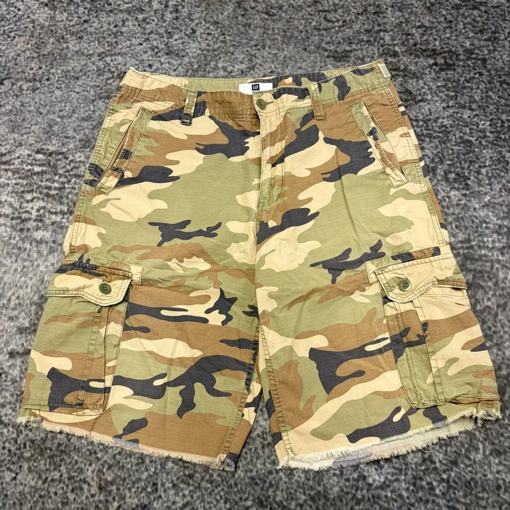 Vintage Y2K Gap Camo Cargo Shorts Mens 34 Green Brown Baggy Skater Grunge